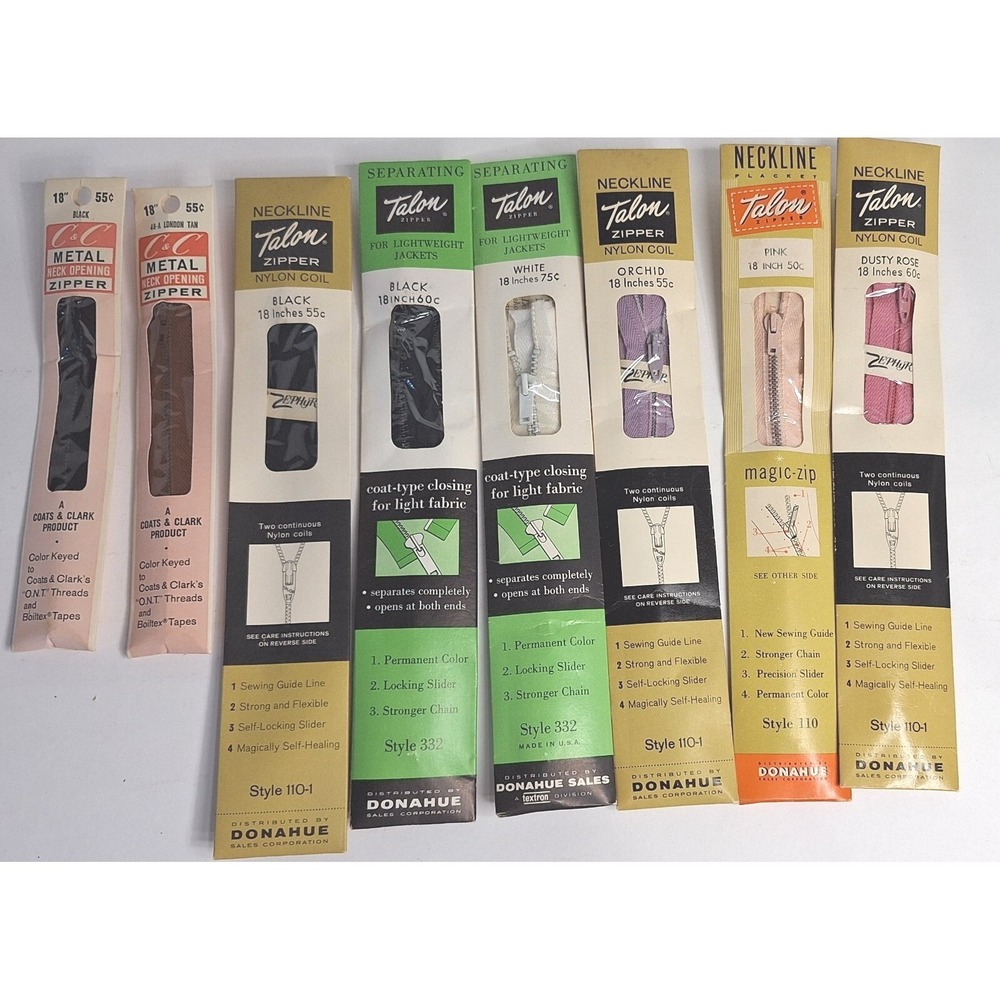 Vintage Talon Coats Clark Zipper Lot 8 18 inch Separating Nylon Metal Neckline